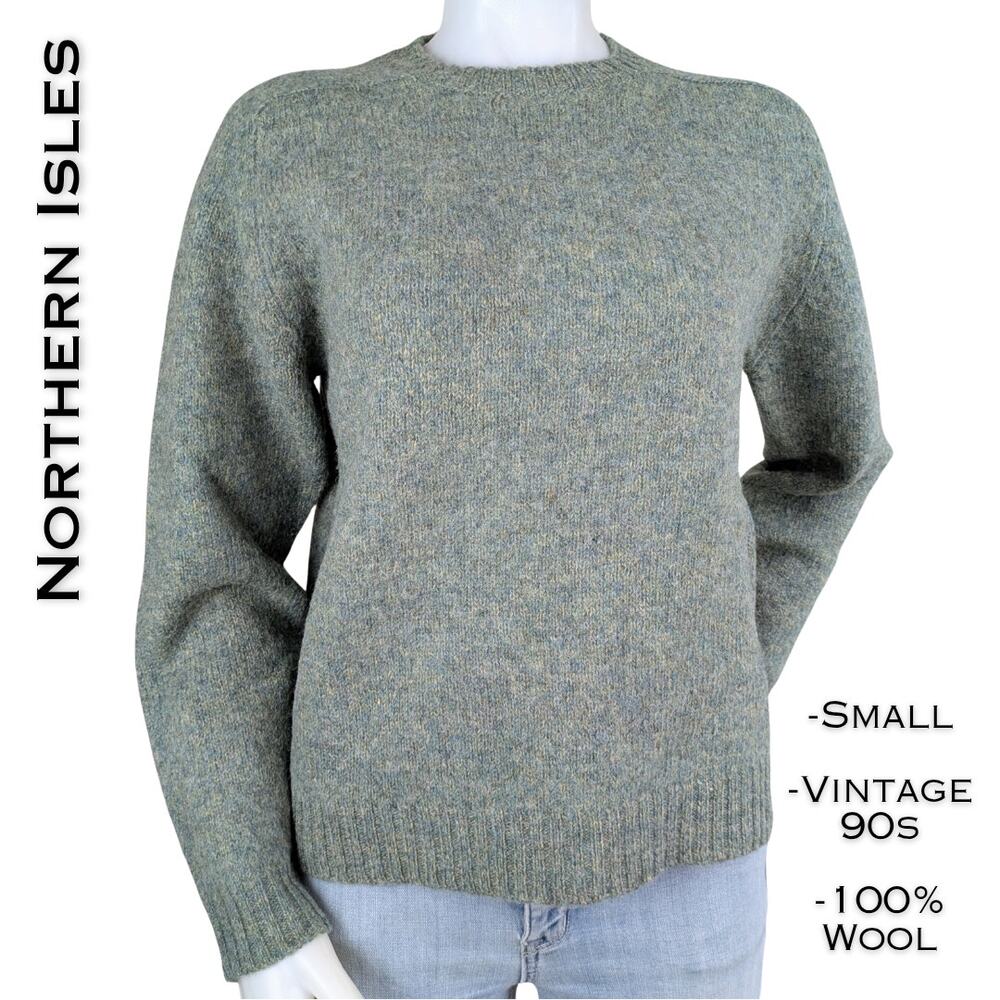 90s Northern Isles Wool Sweater Small Sea Tweed Green Crewneck Vintage Heritage